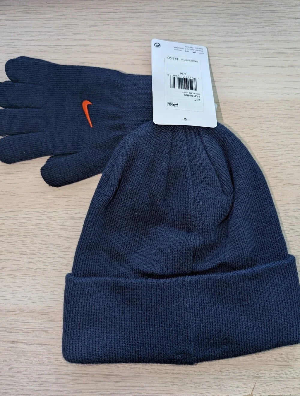 Nike Youth Navy Beanie & Gloves Set with Orange Swoosh